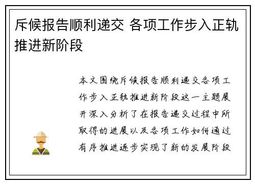 斥候报告顺利递交 各项工作步入正轨推进新阶段